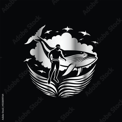 Scuba diver with fish on the black background. Vector illustration. Illustration of a scuba diver and a ship on a black background.