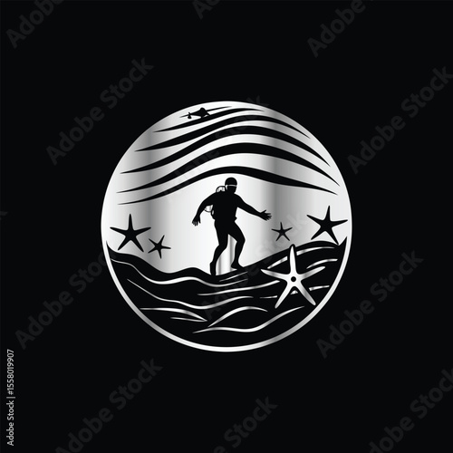 Scuba diver with fish on the black background. Vector illustration. Illustration of a scuba diver and a ship on a black background.