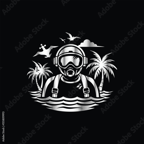 Scuba diver with fish on the black background. Vector illustration. Illustration of a scuba diver and a ship on a black background.