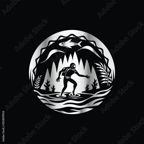 Scuba diver with fish on the black background. Vector illustration. Illustration of a scuba diver and a ship on a black background.