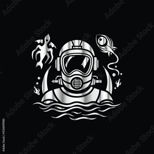 Scuba diver with fish on the black background. Vector illustration. Illustration of a scuba diver and a ship on a black background.