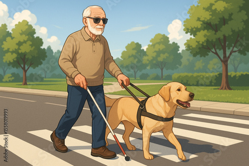 Elderly Man with White Cane and Service Dog Crossing Street Safely on Sunny Day