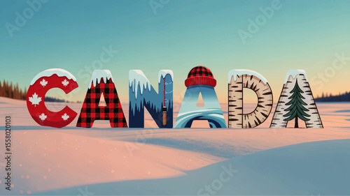 Canada Winter Landscape Illustration – Colorful Typography with Maple Leaf, Snow, Plaid, Birch, Trees and Iconic Canadian Symbols