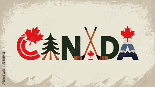 Creative Canada Typography Illustration with Maple Leaf, Ice Hockey, Pine Tree, and Mountain Icons for National Identity and Travel Promotion