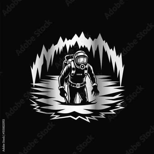 Scuba diver with fish on the black background. Vector illustration. Illustration of a scuba diver and a ship on a black background.