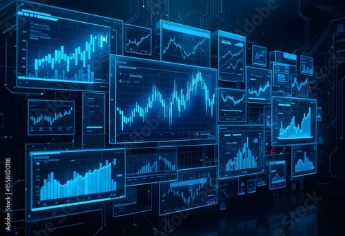 Futuristic Glass Panel Trading Screen with Blue Neon Graphs