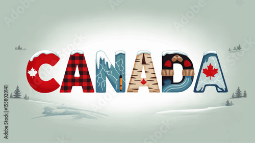 Canada Winter Typography Illustration with Iconic Canadian Symbols, Maple Leaf, Snow, Plaid, Birch, and Ice – Vector Art