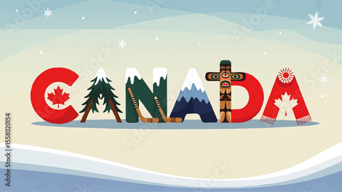 Creative Canada Typography Illustration with Maple Leaf, Totem Pole, Mountains, Hockey Sticks, and Winter Scarf on Snowy Scenic Background