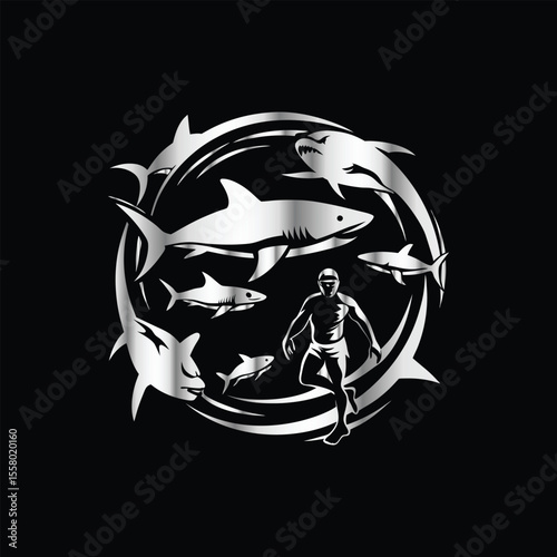 Scuba diver with fish on the black background. Vector illustration. Illustration of a scuba diver and a ship on a black background.