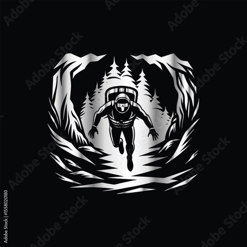 Scuba diver with fish on the black background. Vector illustration. Illustration of a scuba diver and a ship on a black background.