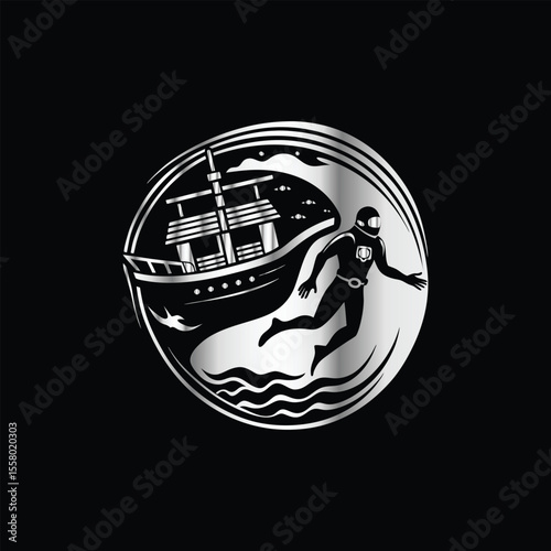 Scuba diver with fish on the black background. Vector illustration. Illustration of a scuba diver and a ship on a black background.