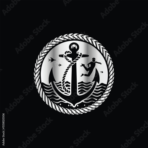 Scuba diver with fish on the black background. Vector illustration. Illustration of a scuba diver and a ship on a black background.