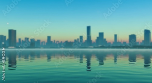 Cityscape Reflection on Calm Waters at Dawn, Evokes Tranquility and Modern Urban Beauty, Serene Waterfront City Skyline at Sunset