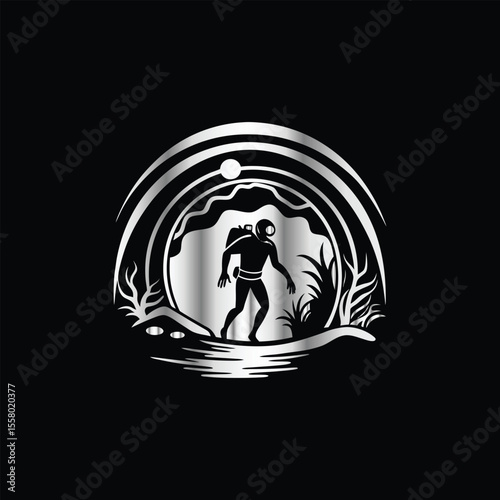 Scuba diver with fish on the black background. Vector illustration. Illustration of a scuba diver and a ship on a black background.