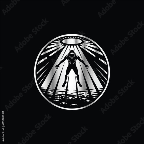 Scuba diver with fish on the black background. Vector illustration. Illustration of a scuba diver and a ship on a black background.