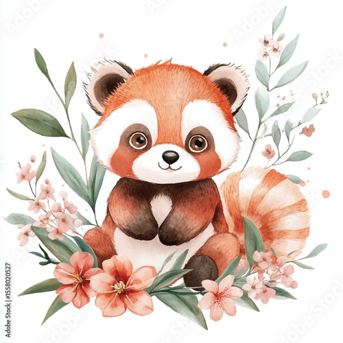 Adorable Watercolor Red Panda Amidst Delicate Blooms