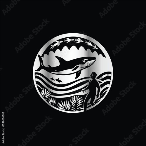 Scuba diver with fish on the black background. Vector illustration. Illustration of a scuba diver and a ship on a black background.