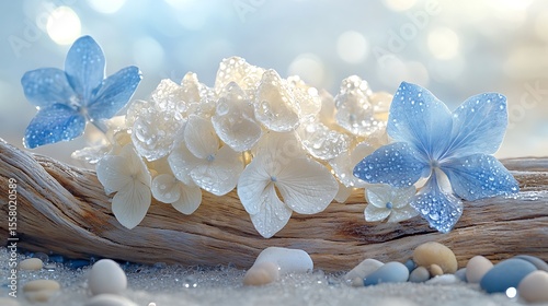 Close-up of white hydrangeas and blue delphiniums in driftwood, dewdrops on petals, sandy beach background, early morning light, calm and fresh mood. Created Using: macro lens, natural textures,