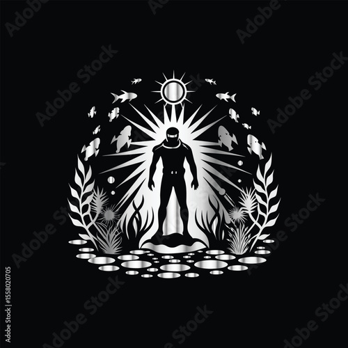 Scuba diver with fish on the black background. Vector illustration. Illustration of a scuba diver and a ship on a black background.