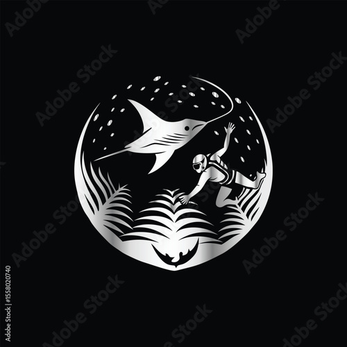 Scuba diver with fish on the black background. Vector illustration. Illustration of a scuba diver and a ship on a black background.