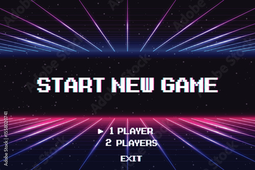 START NEW GAME play .Synthwave wireframe net illustration. pixel art .8 bit game. retro game. for game assets .Retro Futurism Sci-Fi Background. glowing neon grid. and stars.