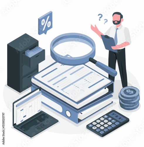An isometric illustration depicting financial audit and accounting concepts. A businessman or auditor analyzes documents with a magnifying glass, surrounded by a calculator, laptop with a spreadsheet,