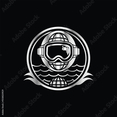 Scuba diver with fish on the black background. Vector illustration. Illustration of a scuba diver and a ship on a black background.