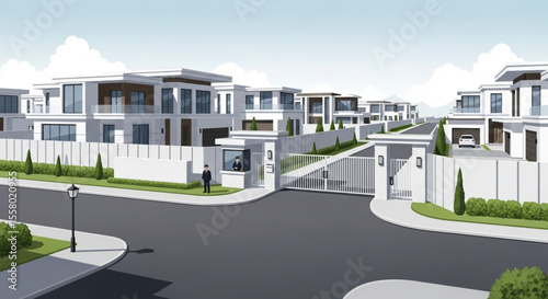 Modern residential community entrance with gated entryway and contemporary homes.