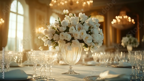 Crystal vase of white flowers on a grand dining table in a hotel ballroom, shimmering chandeliers, ambient evening light, timeless elegance. Created Using: wide-angle lens, soft ambient light,