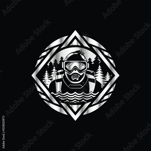 Scuba diver with fish on the black background. Vector illustration. Illustration of a scuba diver and a ship on a black background.