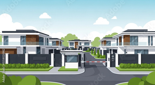 Modern gated community with contemporary houses and a security entrance.