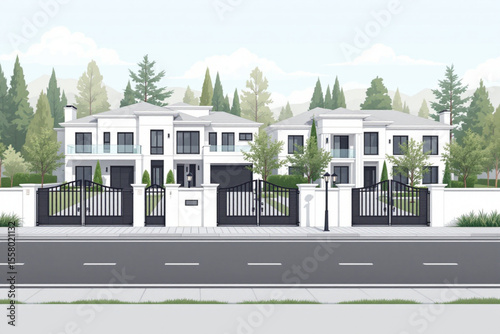 Two modern white houses with black gates stand side-by-side along a road, with trees in the background under a bright sky.