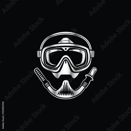 Scuba diver with fish on the black background. Vector illustration. Illustration of a scuba diver and a ship on a black background.