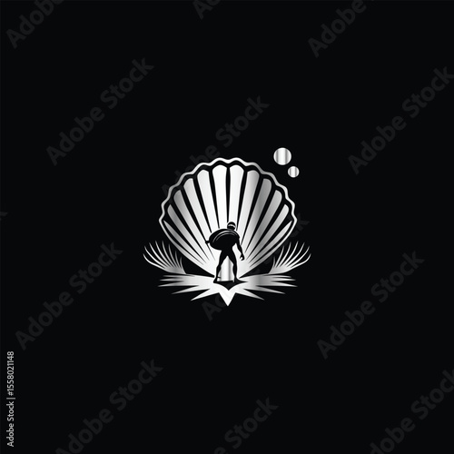 Scuba diver with fish on the black background. Vector illustration. Illustration of a scuba diver and a ship on a black background.