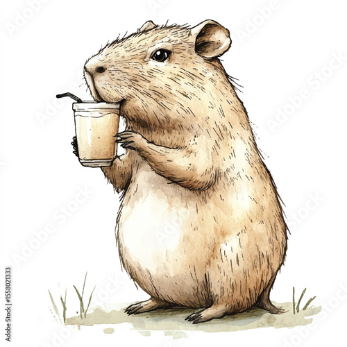 Adorable Watercolor Rodent Enjoying a Refreshing Drink with Straw and Glass