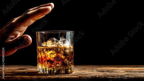 A hand refuses a glass of whiskey filled with ice, signaling a rejection of alcohol or a commitment to sobriety and health.
