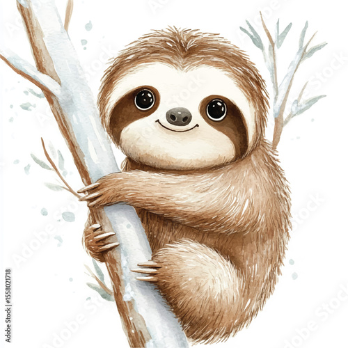 Adorable Watercolor Sloth Smiling While Clinging to a Tree Branch