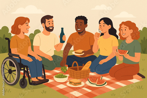 Diverse Friends Group with Wheelchair User and Amputee Man Enjoying Outdoor Picnic Illustration
