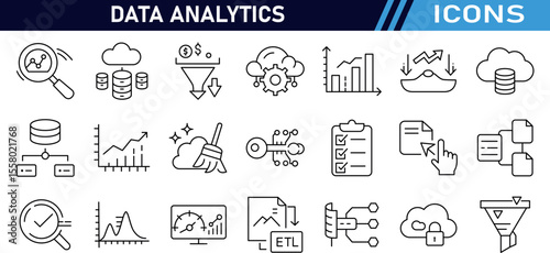 Set of 21 outline icons related to Data Analytics. Linear icon collection. Editable stroke. Vector illustration.