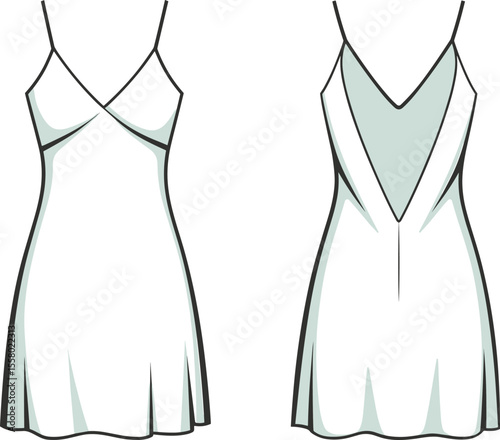 Fashion CAD Drawing of Spaghetti Strap Dress - Front and Back View Vector Design