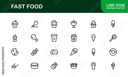 Professional Fast Food Icons Pack with Creative Vector Illustrations of Popular Snacks, Beverages, and Meals