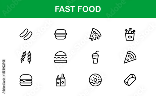 Professional Fast Food Icons Pack with Creative Vector Illustrations of Popular Snacks, Beverages, and Meals