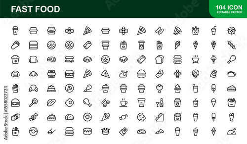 Professional Fast Food Icons Pack with Creative Vector Illustrations of Popular Snacks, Beverages, and Meals
