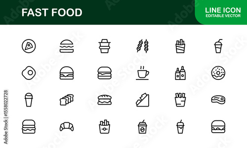 Professional Fast Food Icons Pack with Creative Vector Illustrations of Popular Snacks, Beverages, and Meals