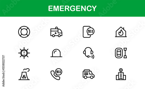 Emergency, modern line icon set with professional and simple symbols for crisis, alert, first aid, and disaster-related services in clean vector style.
