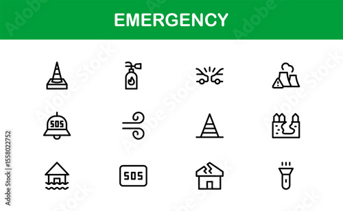 Emergency, modern line icon set with professional and simple symbols for crisis, alert, first aid, and disaster-related services in clean vector style.