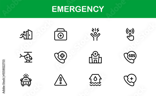 Emergency, modern line icon set with professional and simple symbols for crisis, alert, first aid, and disaster-related services in clean vector style.