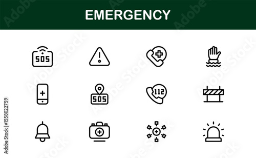 Emergency, modern line icon set with professional and simple symbols for crisis, alert, first aid, and disaster-related services in clean vector style.