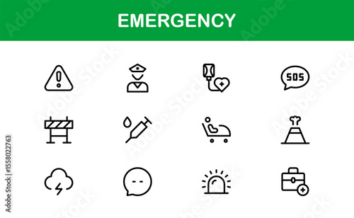 Emergency, modern line icon set with professional and simple symbols for crisis, alert, first aid, and disaster-related services in clean vector style.