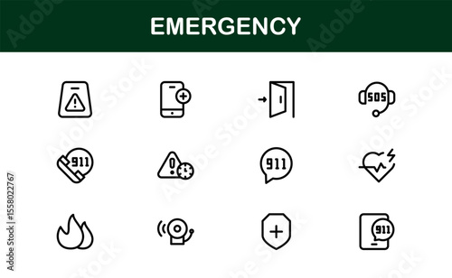 Emergency, modern line icon set with professional and simple symbols for crisis, alert, first aid, and disaster-related services in clean vector style.